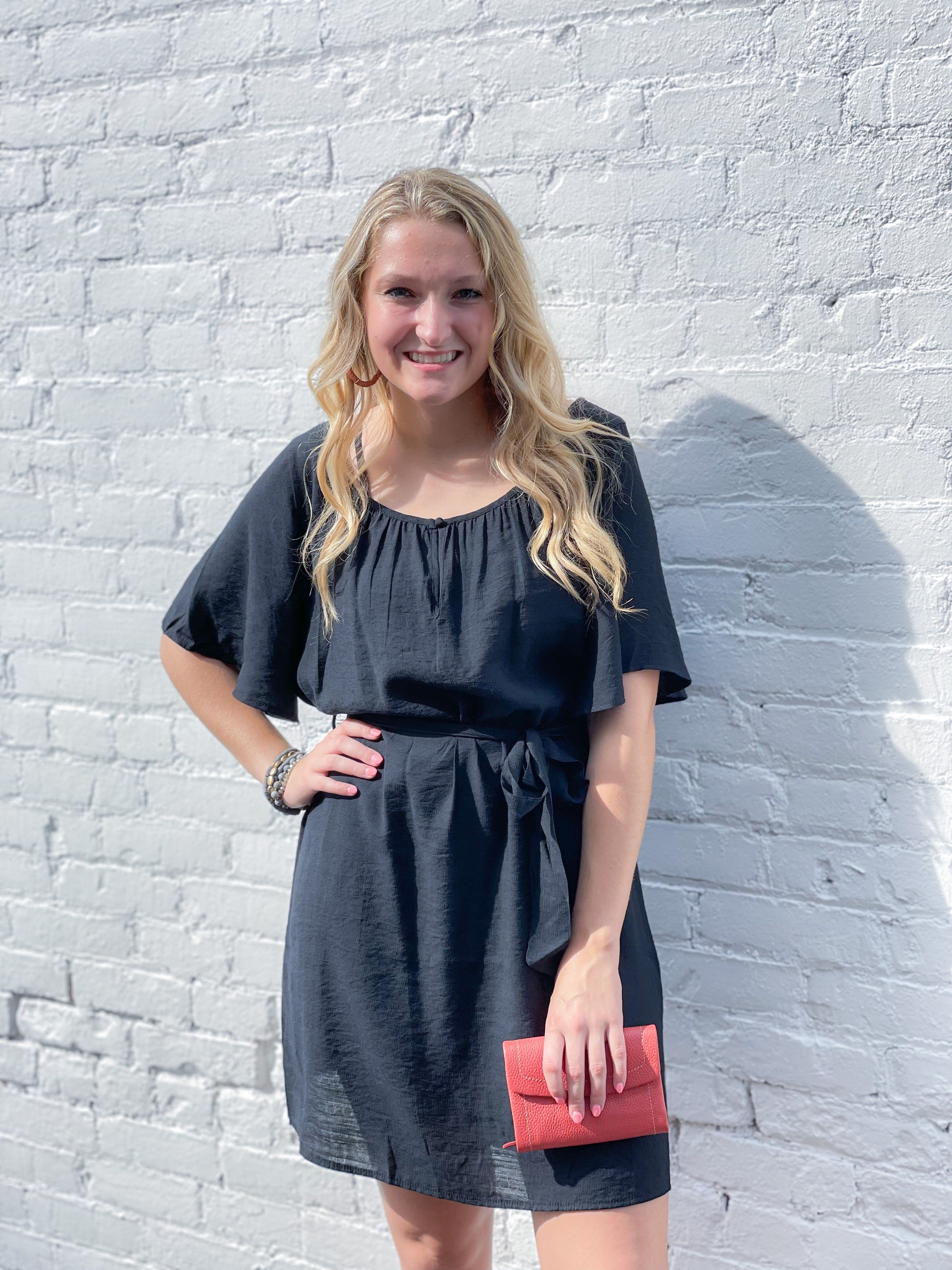 Black Short Sleeve A Line Tie Waist Dress
