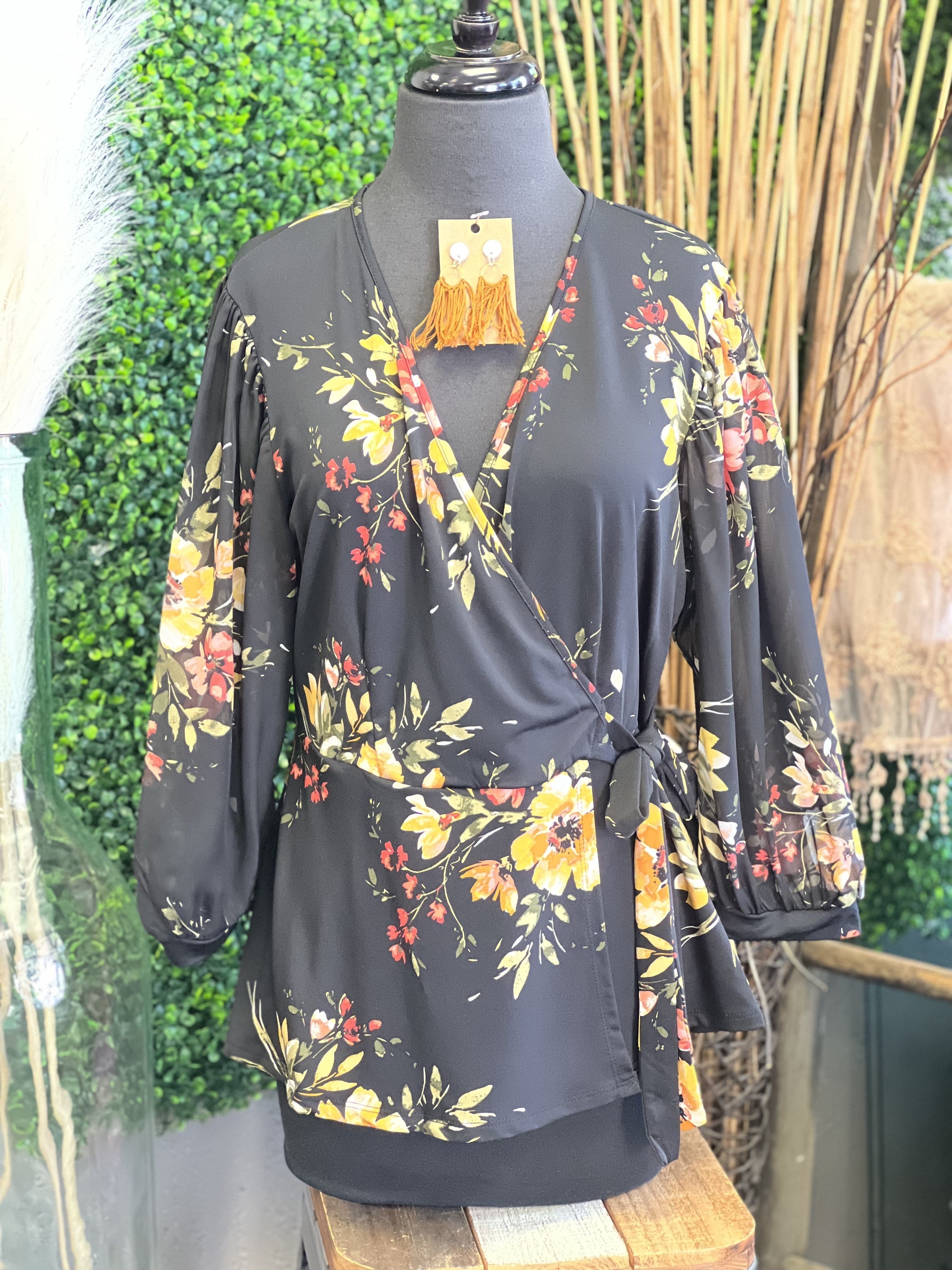 Tie Waist Lantern Sleeve Wrap Top