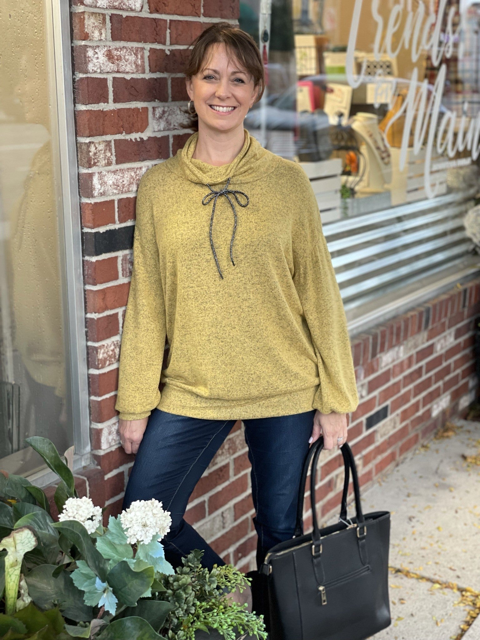 Mustard Cowl Neck Drawstring Top