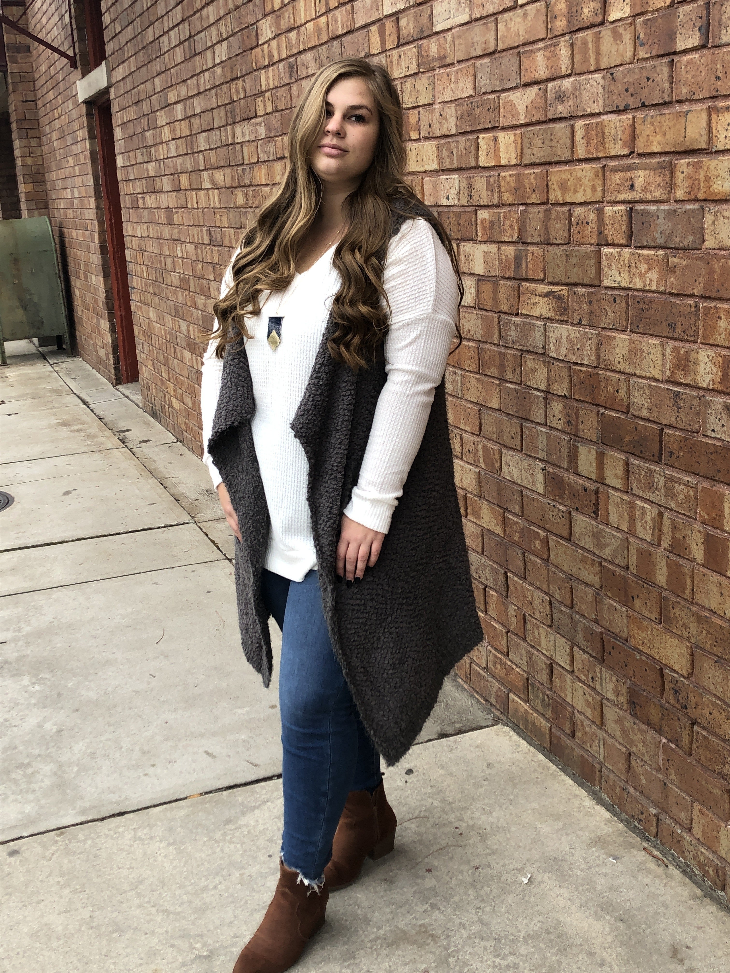 Popcorn knit drape front vest