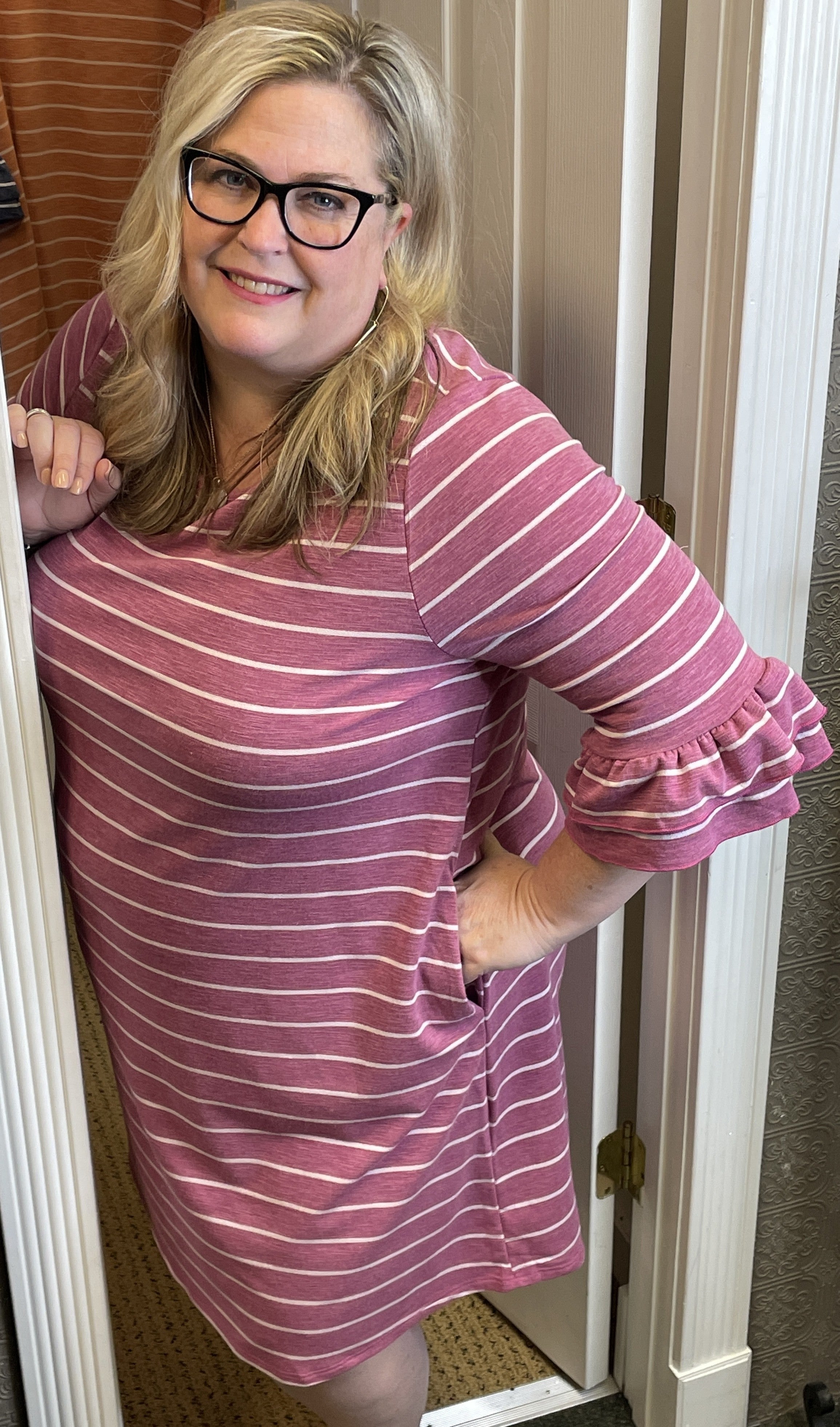 Striped Dress w/Ruffle Sleeve