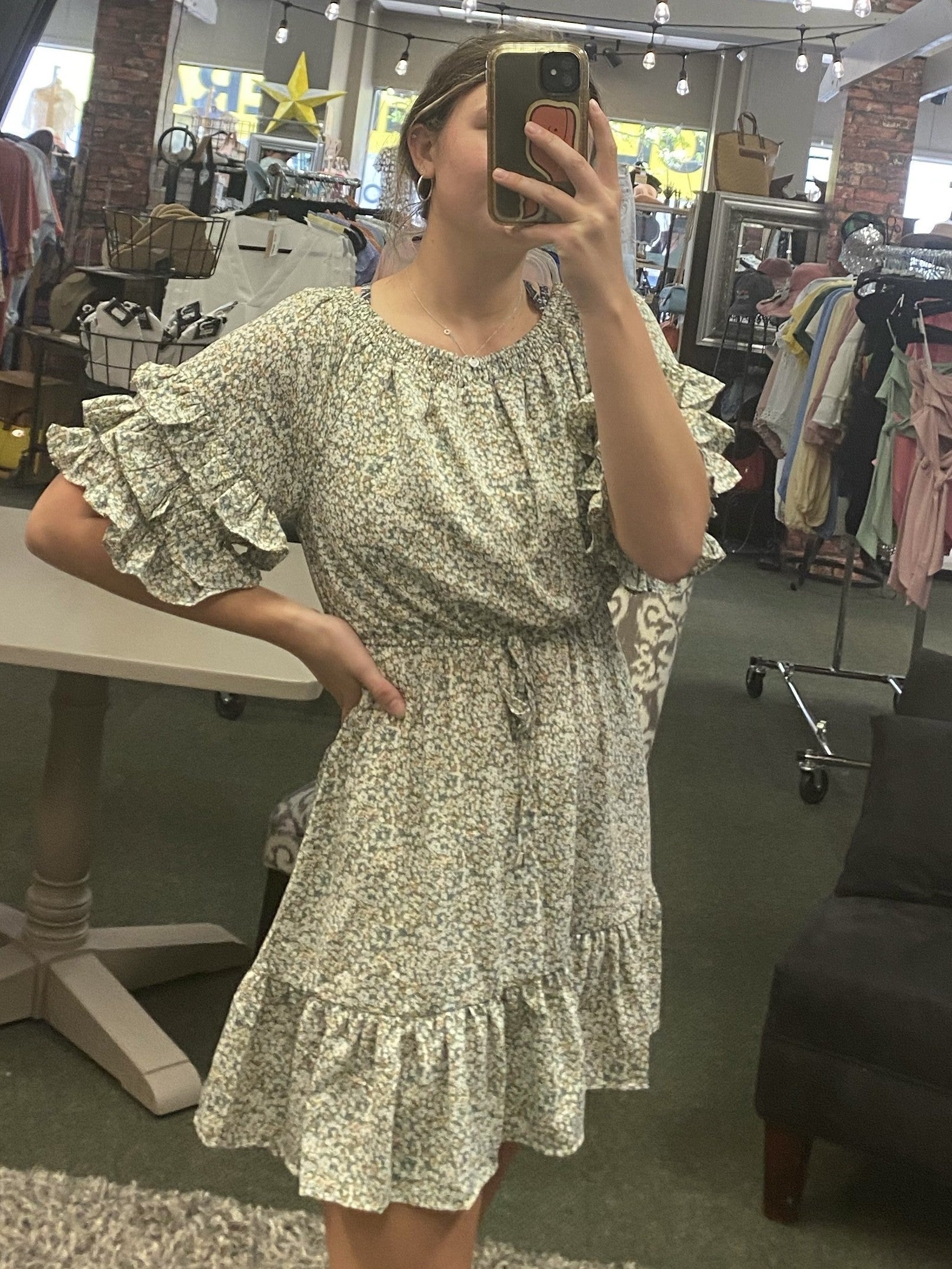 Off Shoulder Ditsy Print Dress