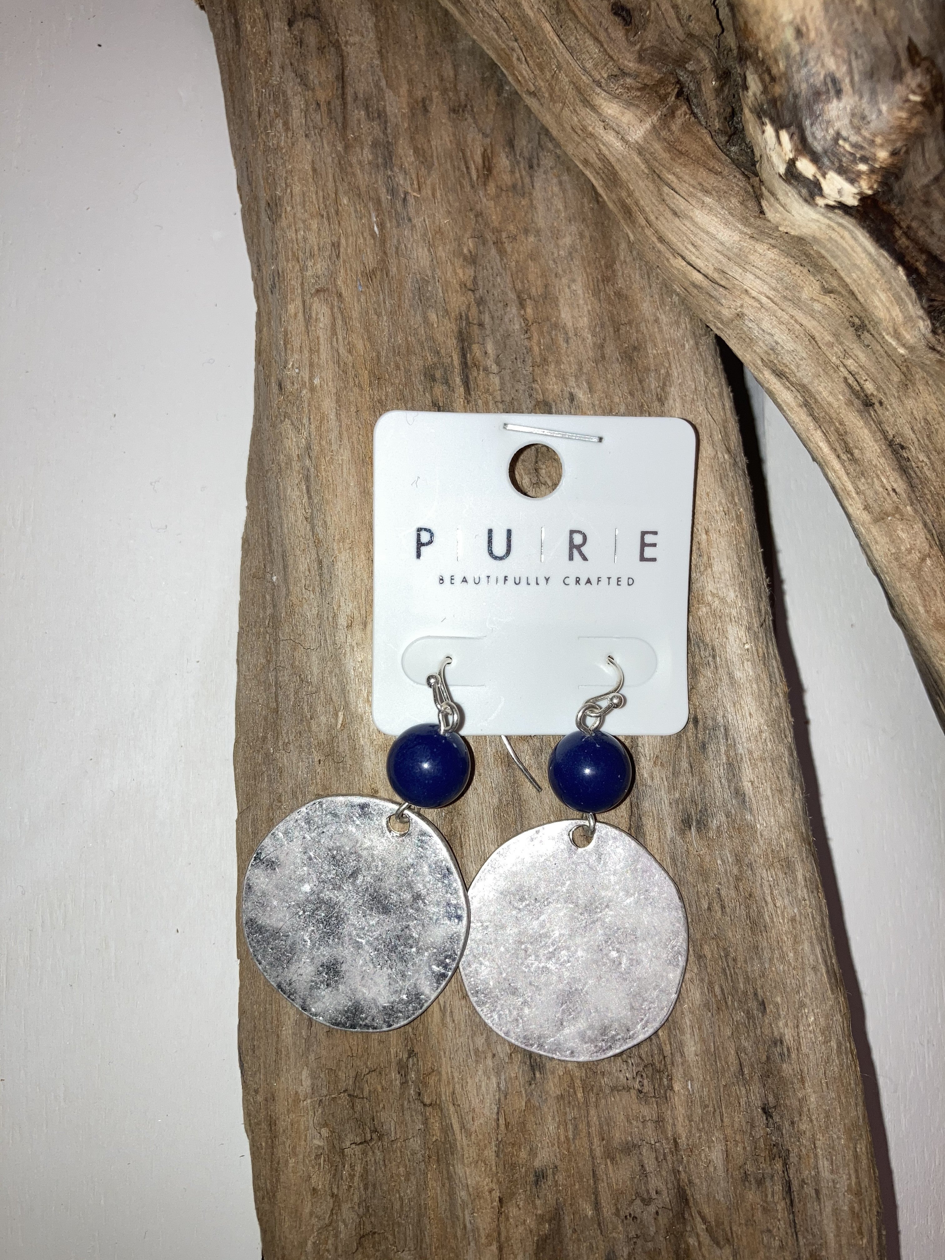 Silver disc earrings w/blue bead