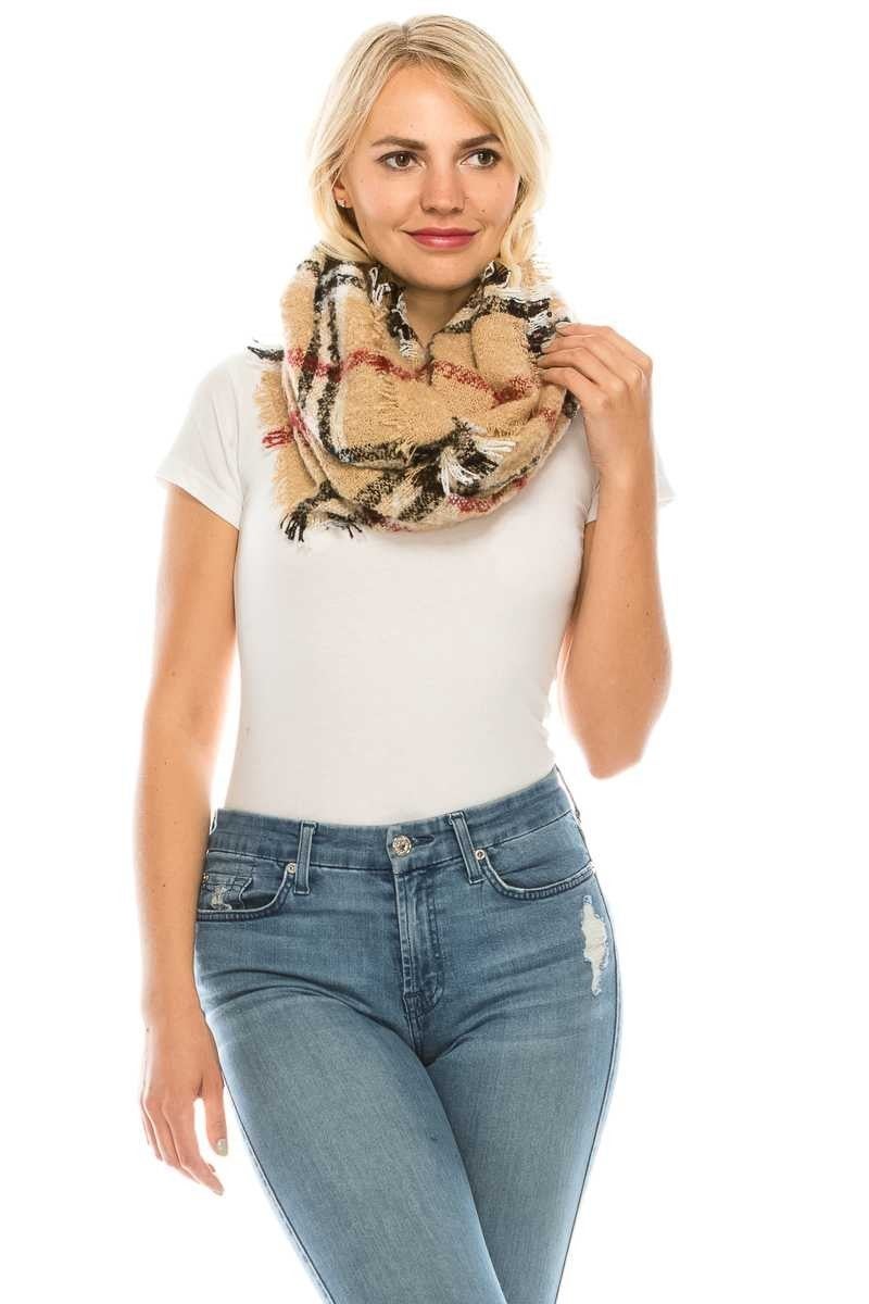 Plaid Frayed Hem Infinity Scarf