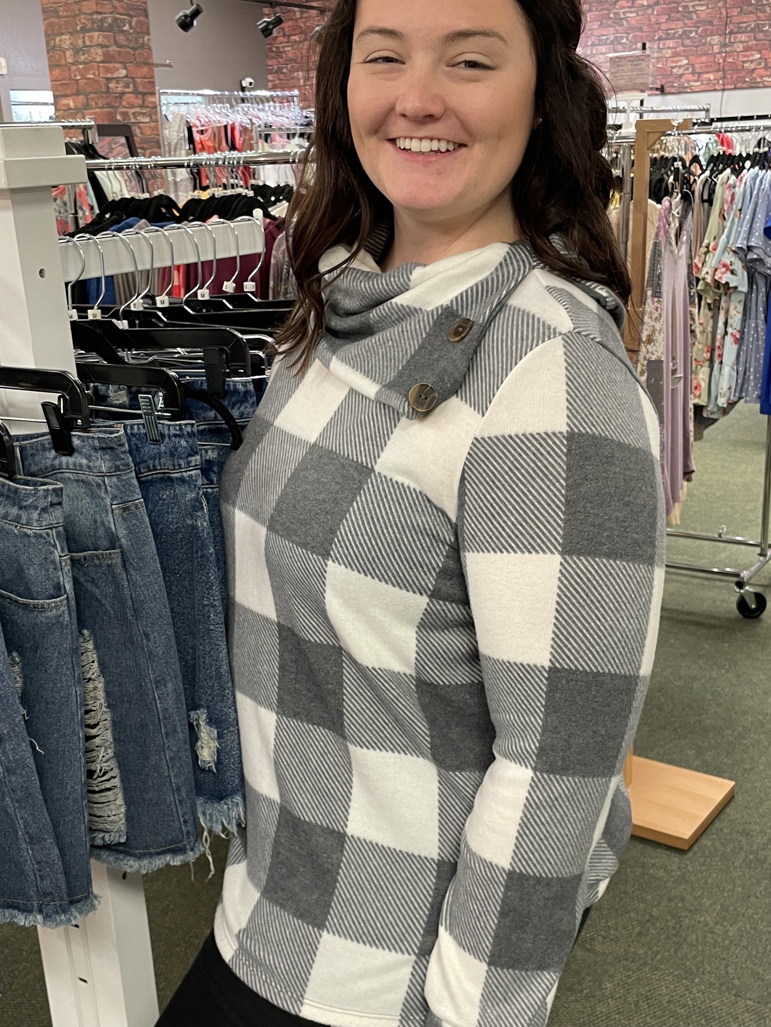 Gray Plaid Split Collar Pullover