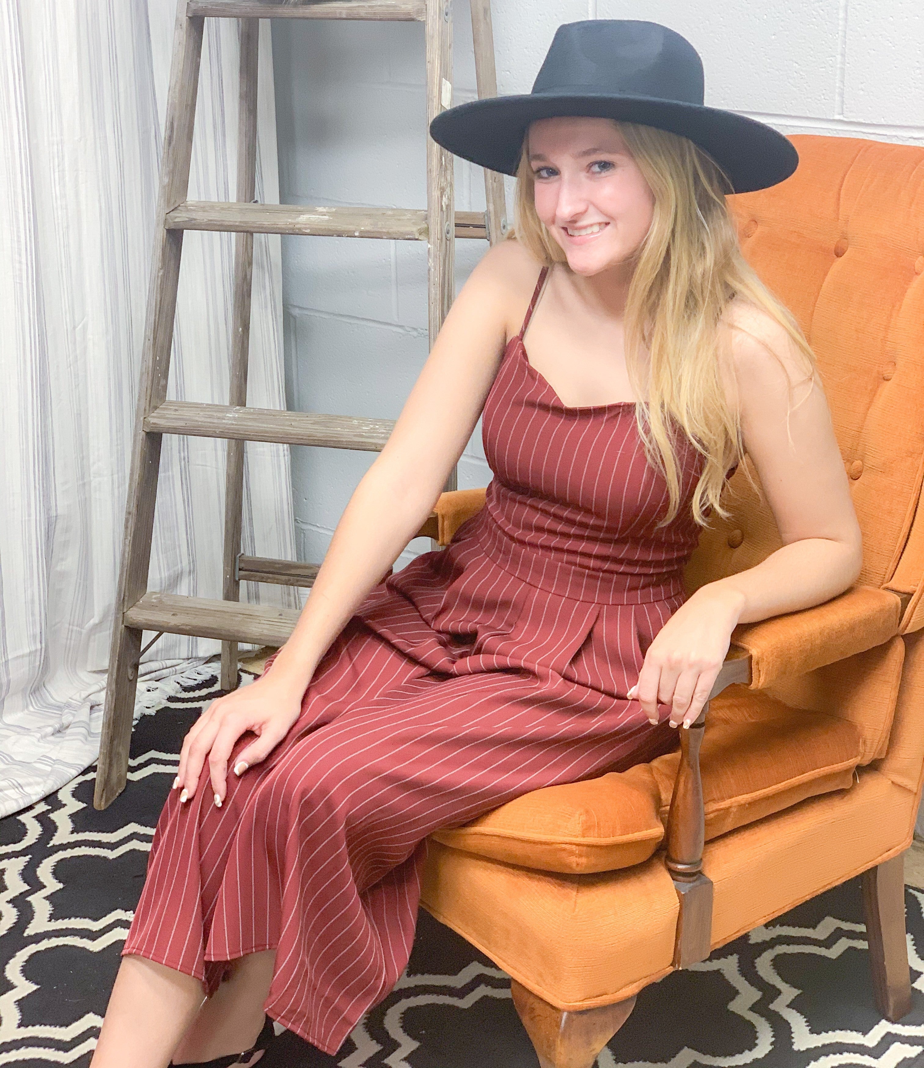 Burgundy Striped Lace Back Jumpsuit