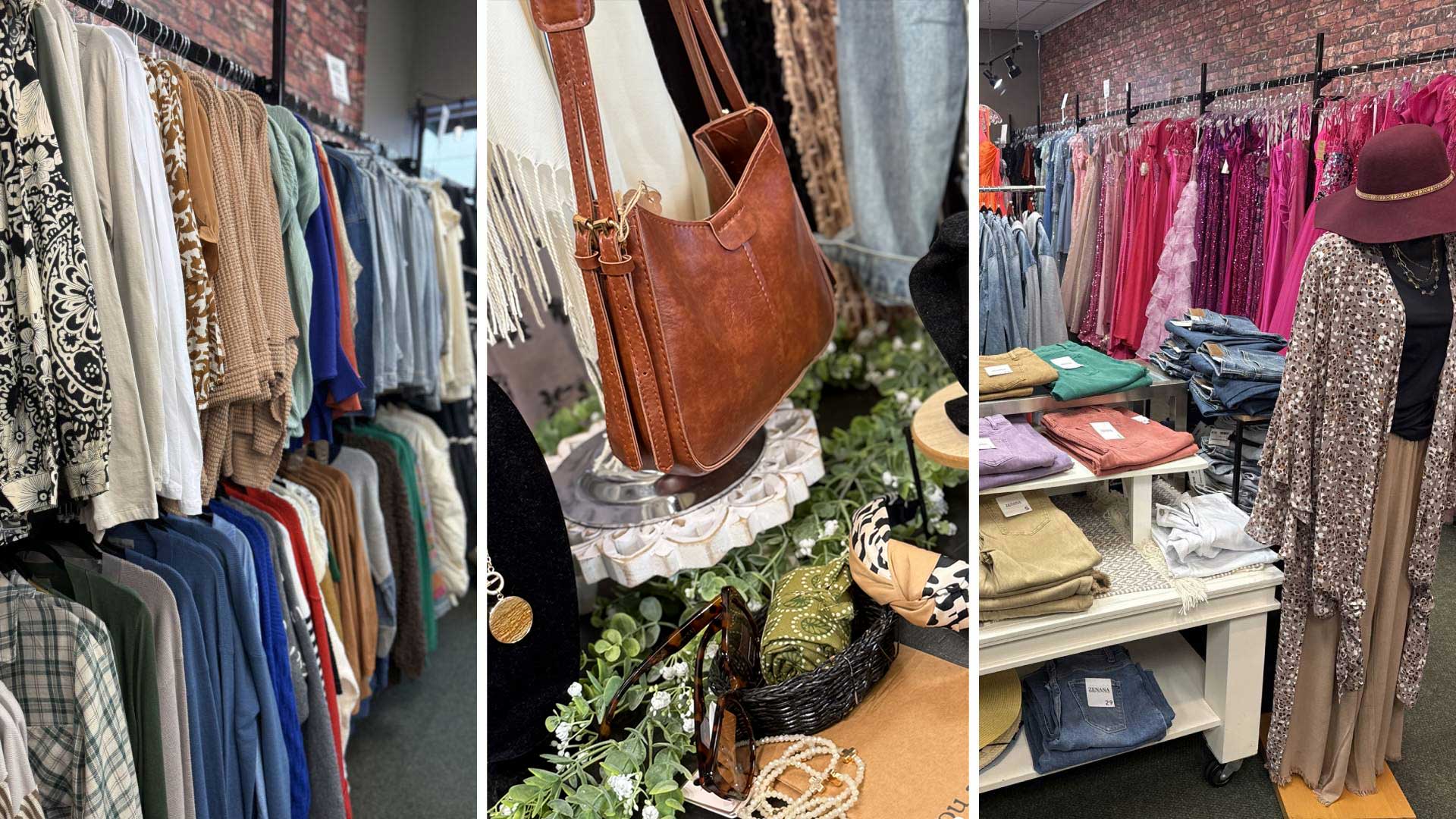 Trendy women's boutique clothing, casual outfits, and stylish accessories on display in a local women's boutique.