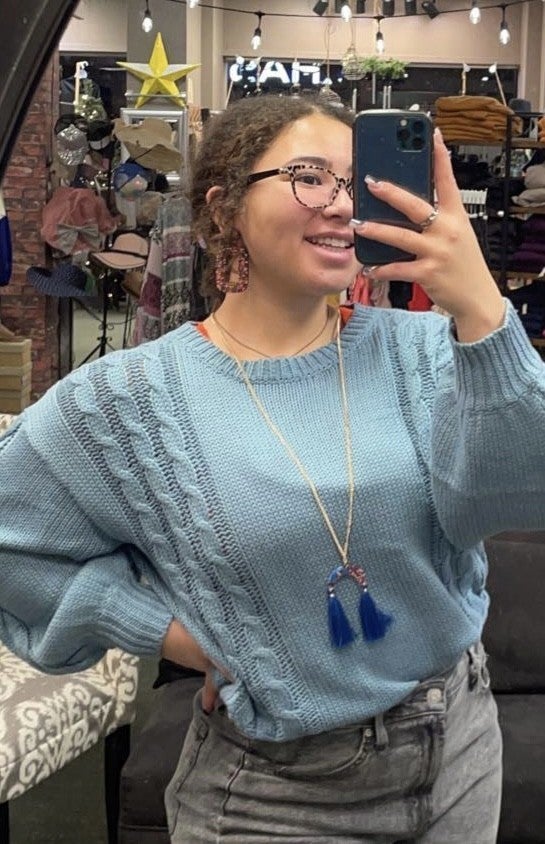 Blue Cable Knit Puff Sleeve Sweater