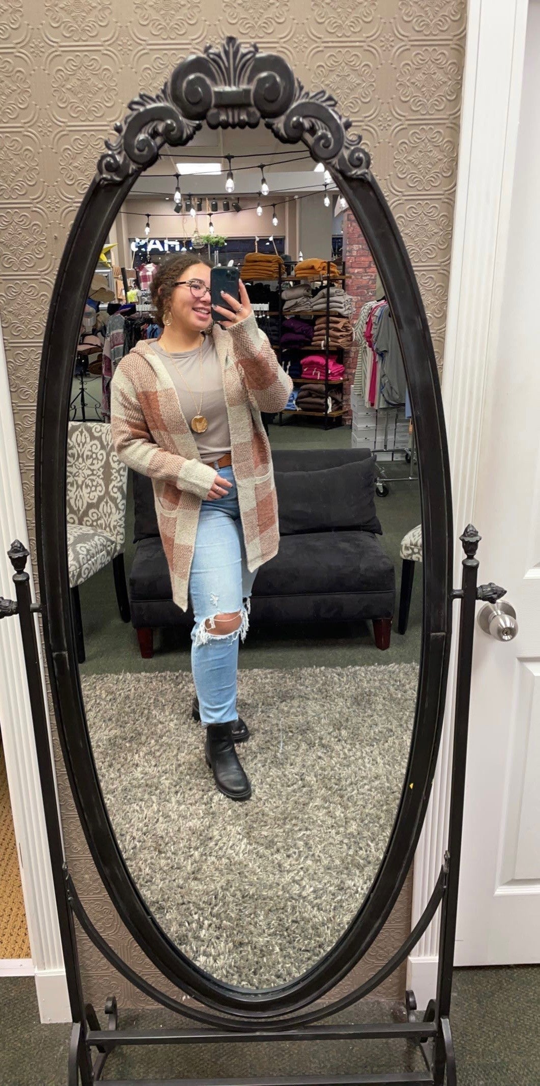 Rust Checkered Hooded Cardi