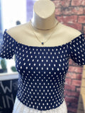 Navy Off Shoulder Smocked Top