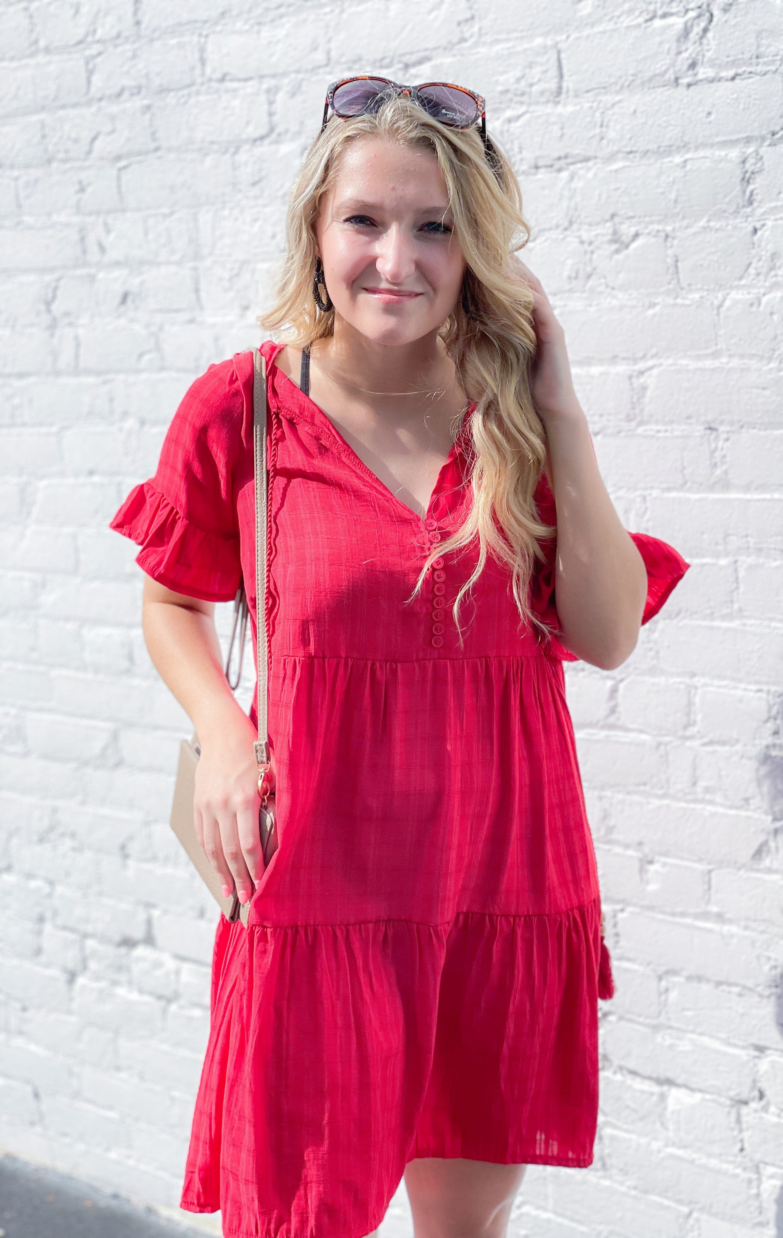 Red Loose Fit V Neck Dress