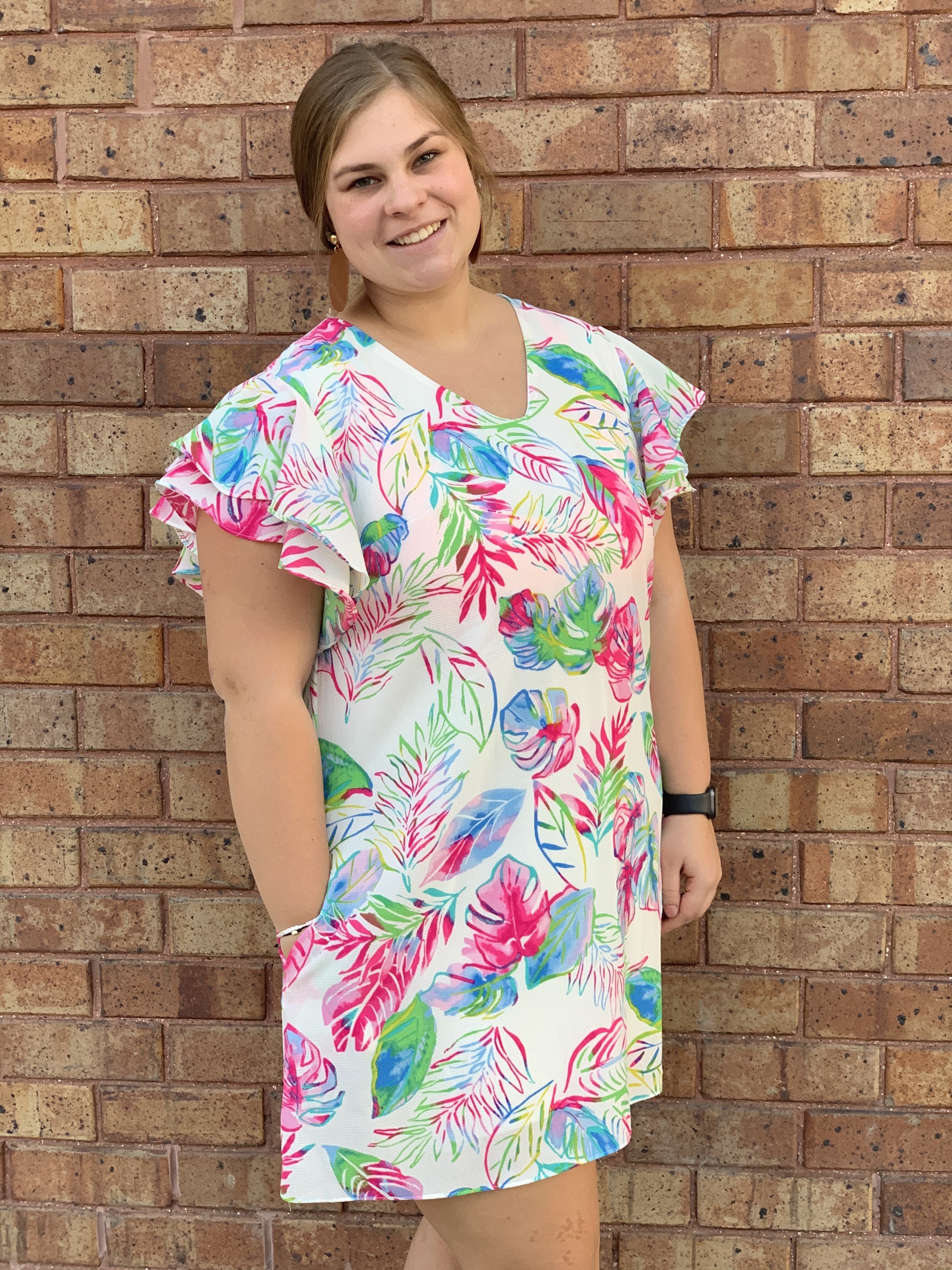 Fuchsia Floral Double Ruffle Lined Dress