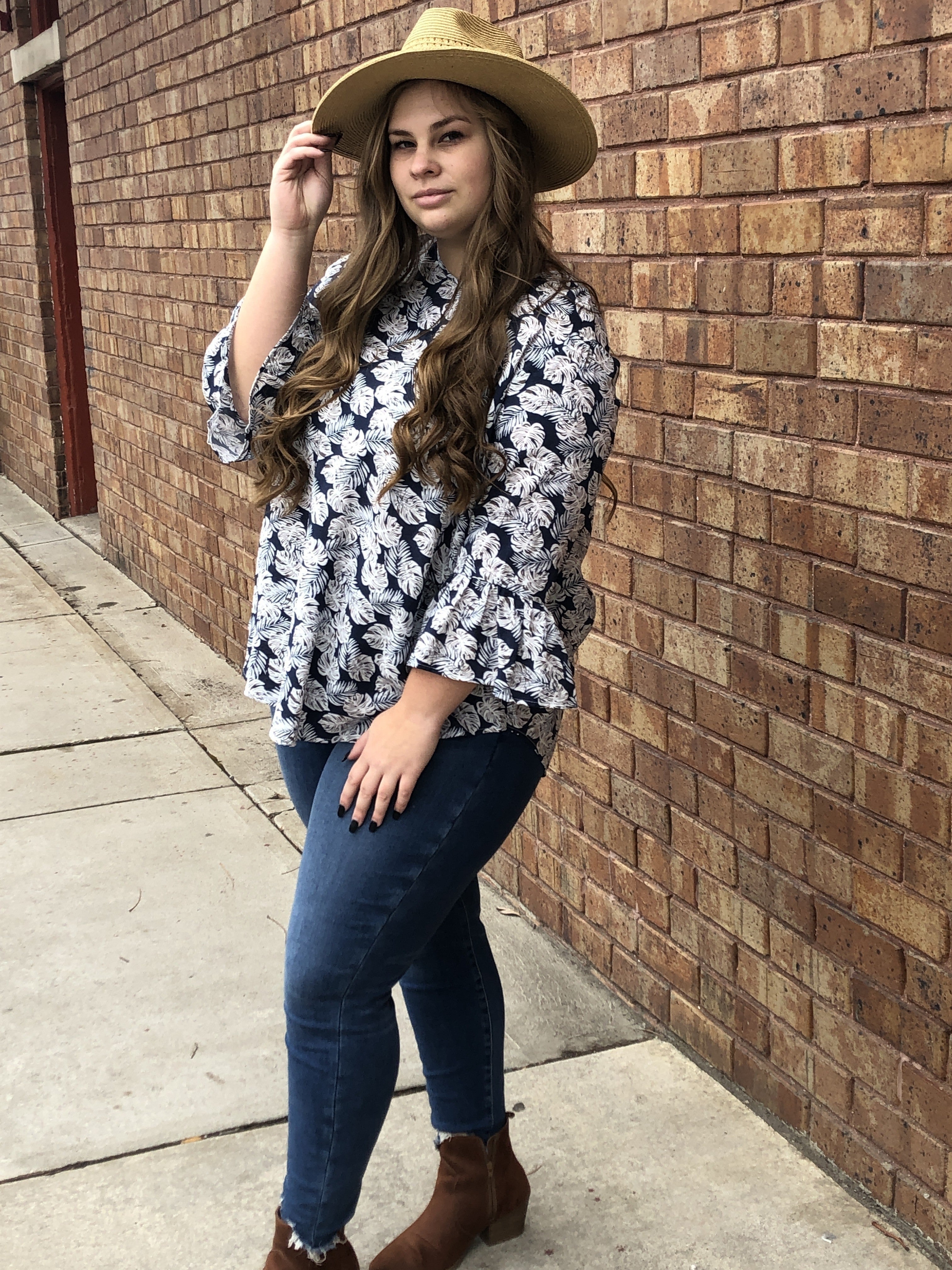Navy leaf Bell Sleeve Top