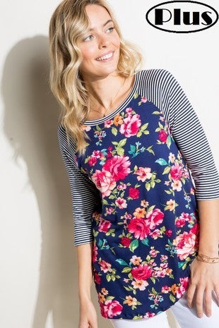 navy floral/stripe top