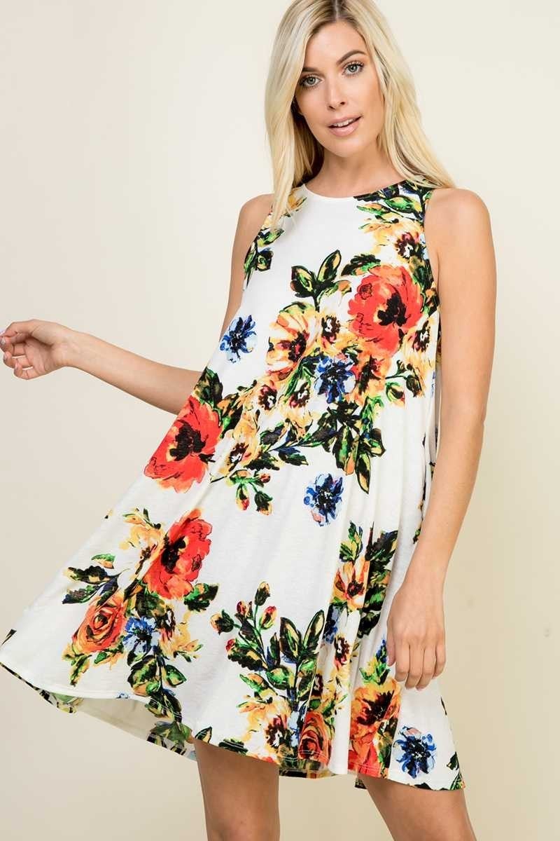 ivory floral print sleeveless dress