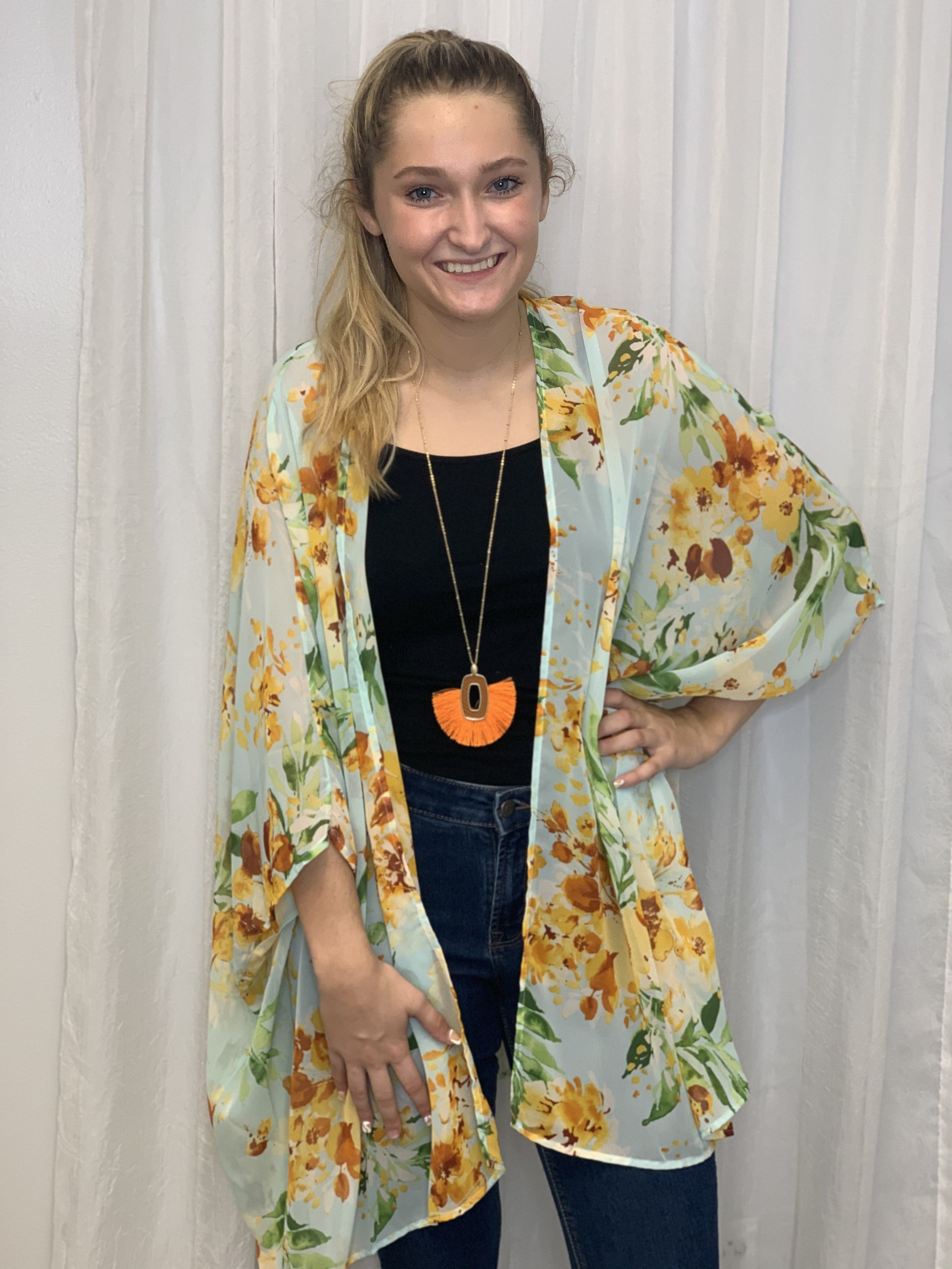 Sage Floral Chiffon Kimono