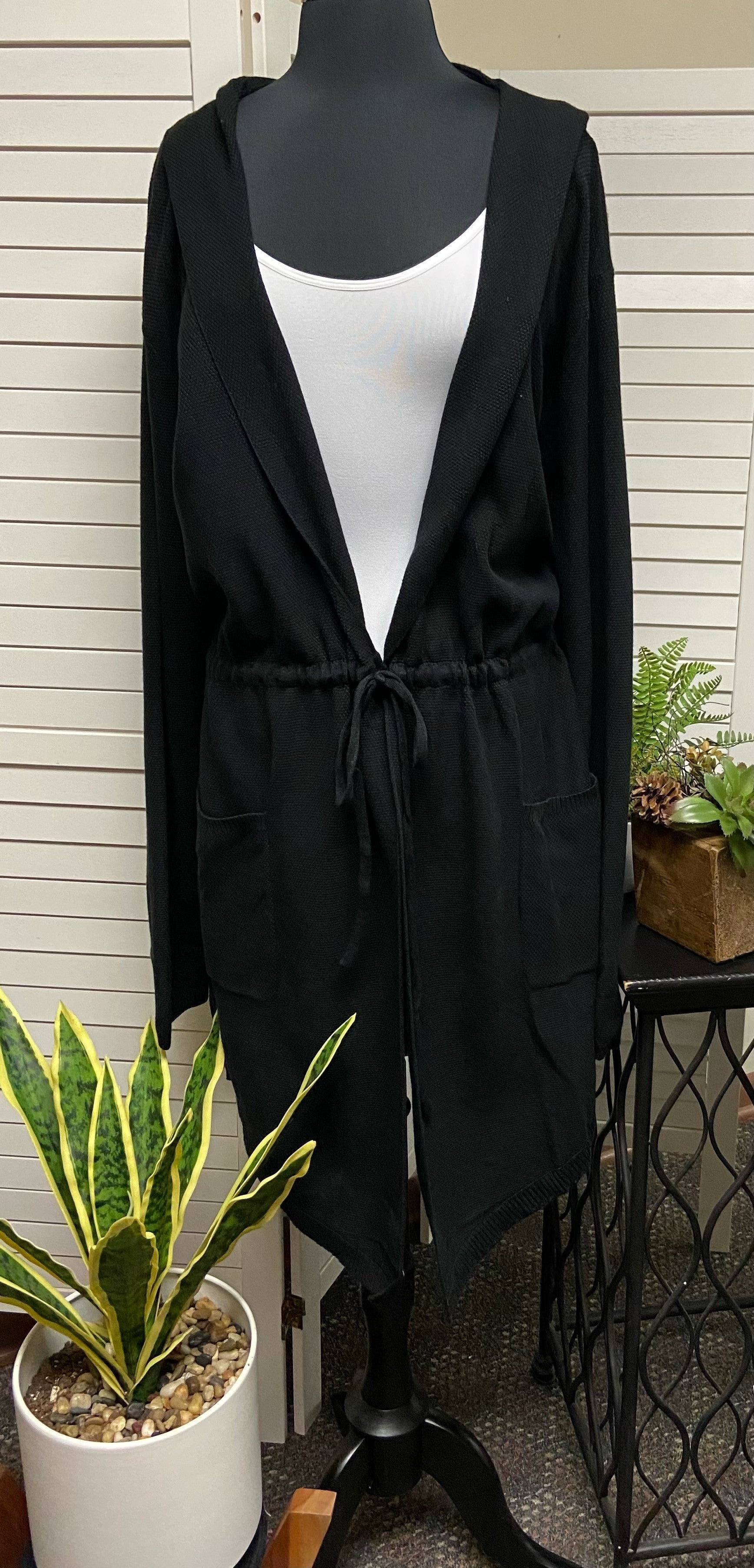 PLUS KNIT CINCHED WAIST HOODED OPEN CARDIGAN