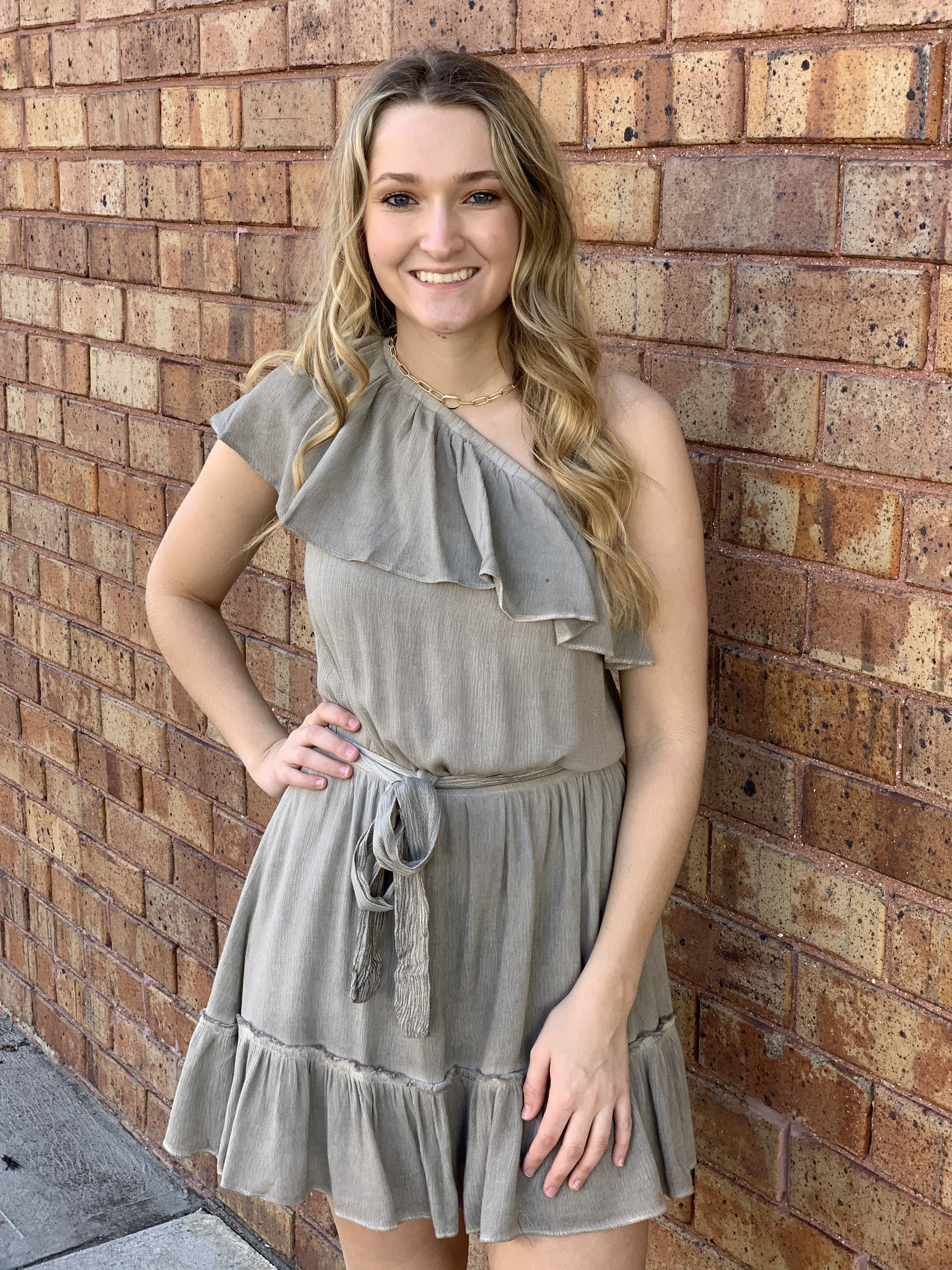 Sage One Shoulder Ruffle Mini Dress