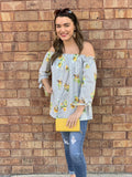 Off Shoulder Flower and Stripe 3/4 sleeve Top