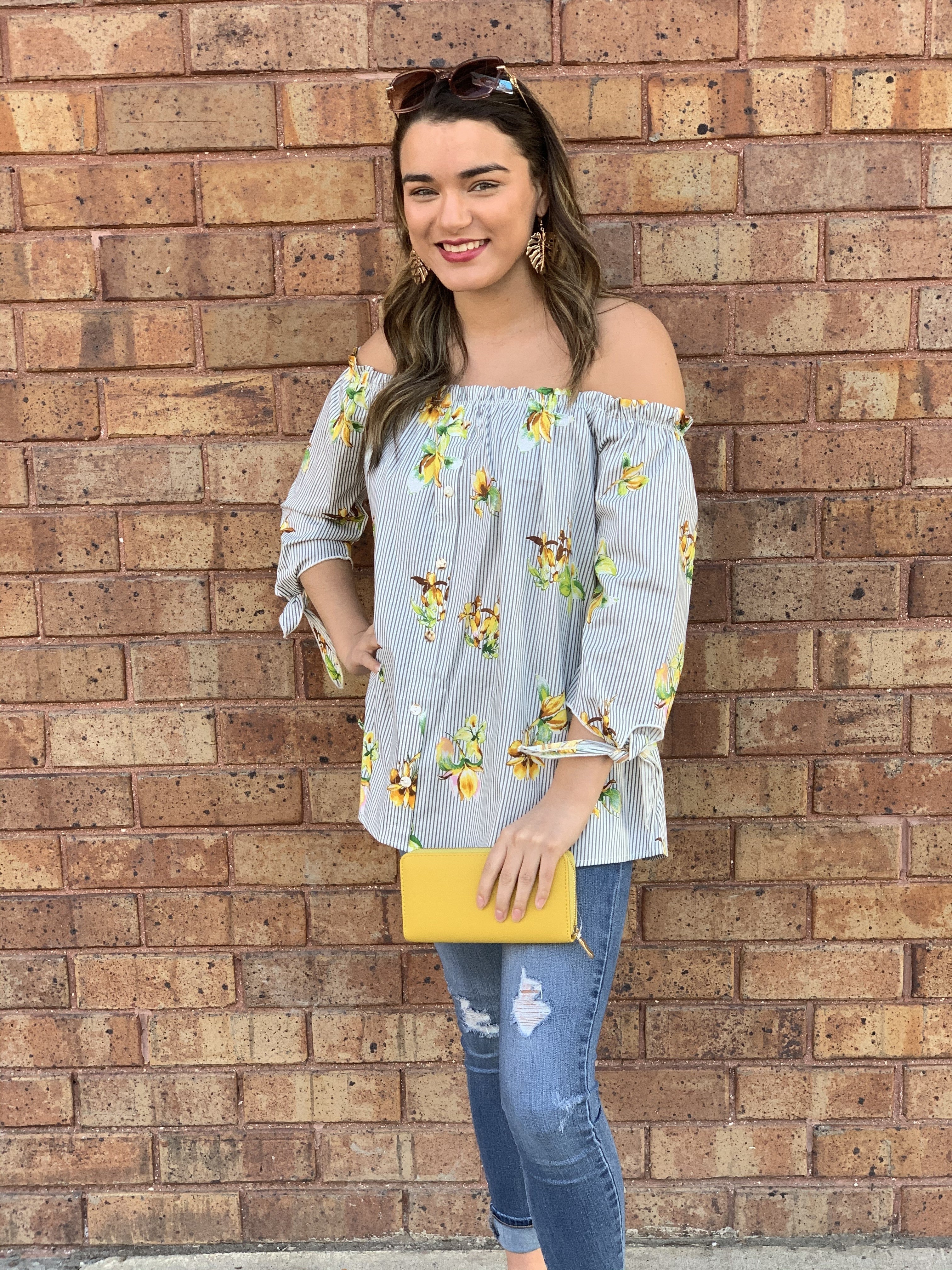 Off Shoulder Flower and Stripe 3/4 sleeve Top