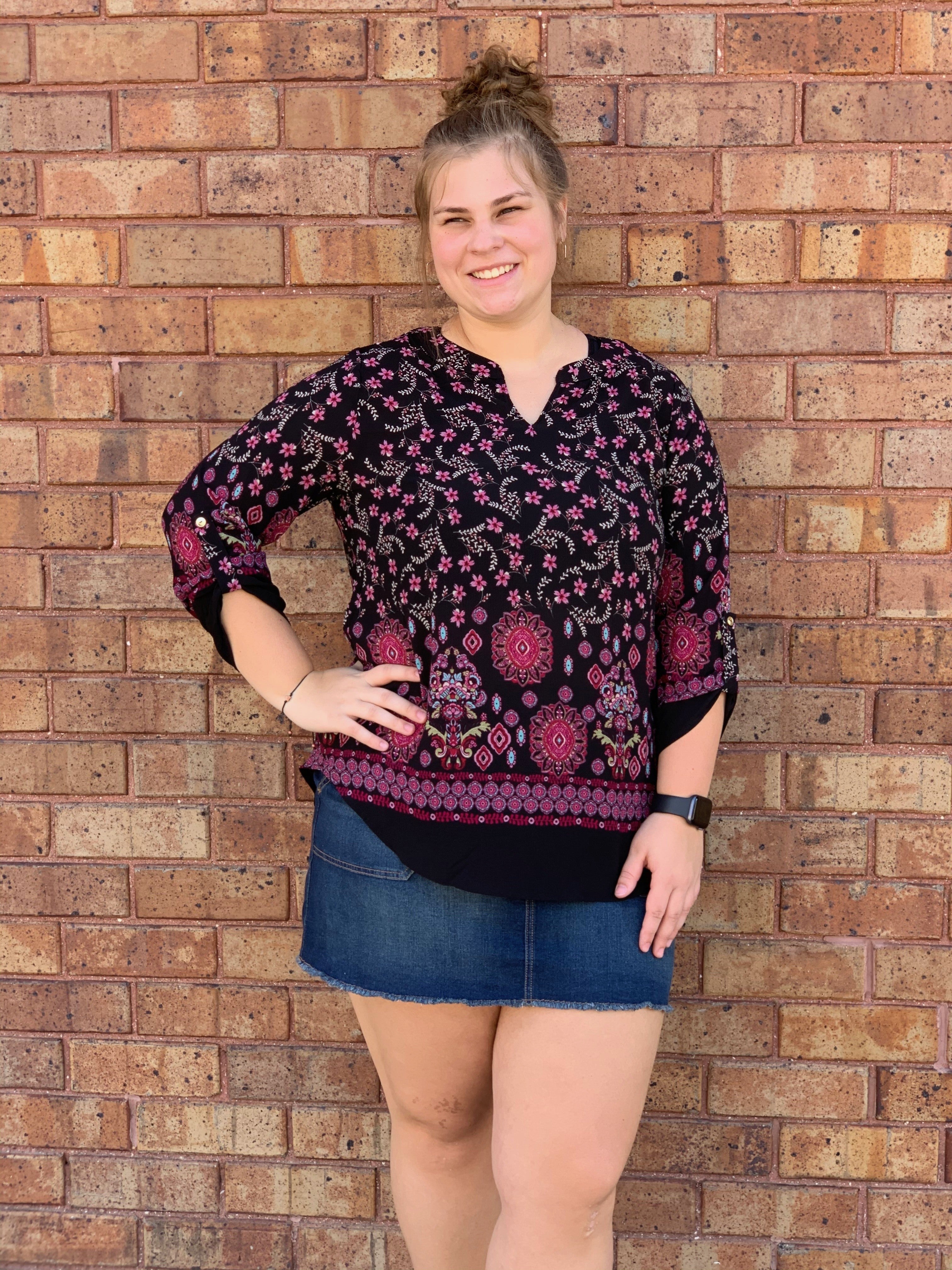 Hot Pink Floral Rolled Sleeve Top