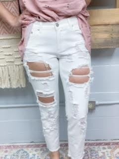 White Distressed Jean w/ Frayed Hem
