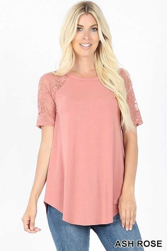 ash rose round neck lace sleeve top