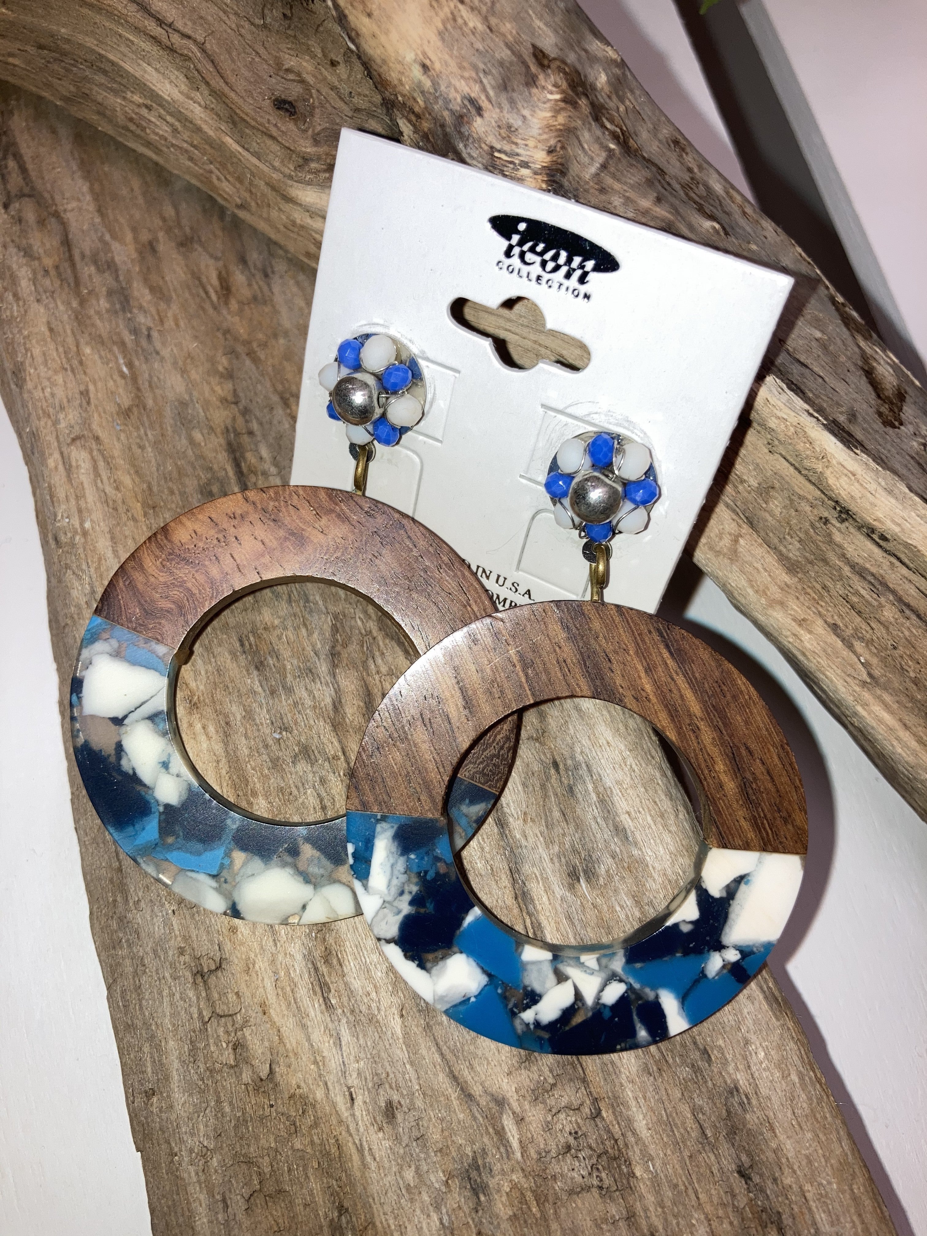 Blue marble wood earrings