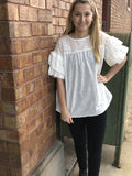 Eyelet Contrast Ruffled Sleeves Tunic Top